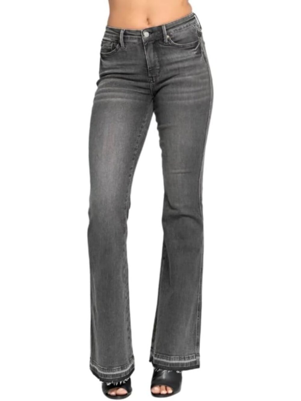 Judy Blue Mid Rise Tummy Control Washed Gray Release Hem Flare Jeans by Ivory